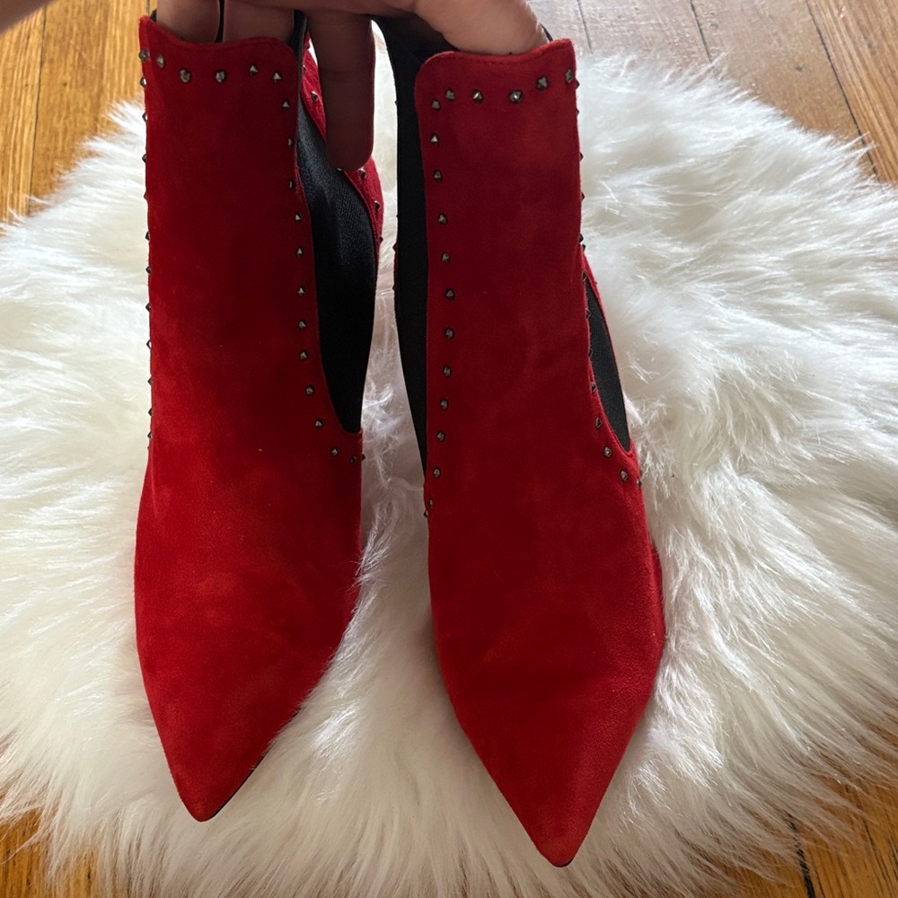 Zara Red Suede Pointed Toe Studded Ankle Booties